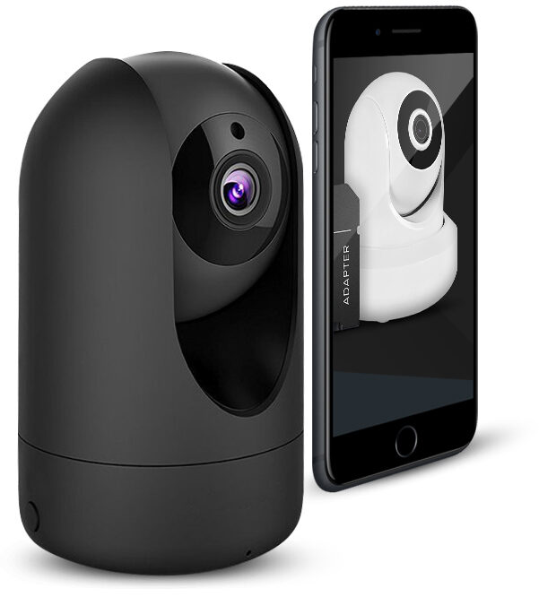 Black indoor security camera beside a smartphone showing a camera feed