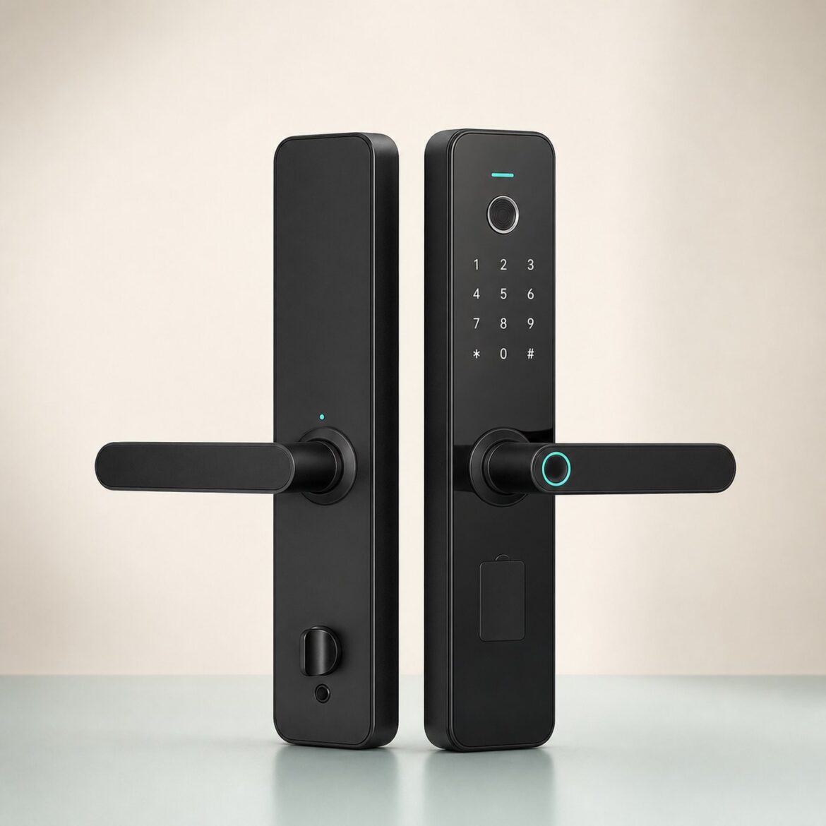 Black smart door lock with keypad, fingerprint reader and lever handles
