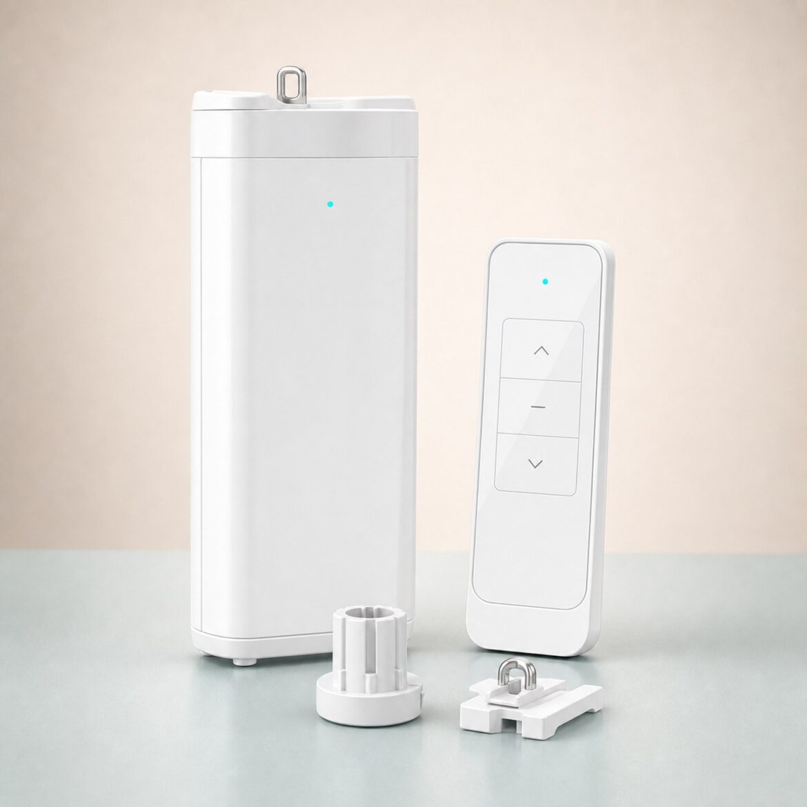 White smart curtain motor with remote control and mounting parts