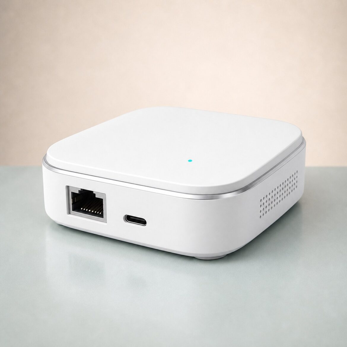 White wired smart home gateway with Ethernet and USB-C ports