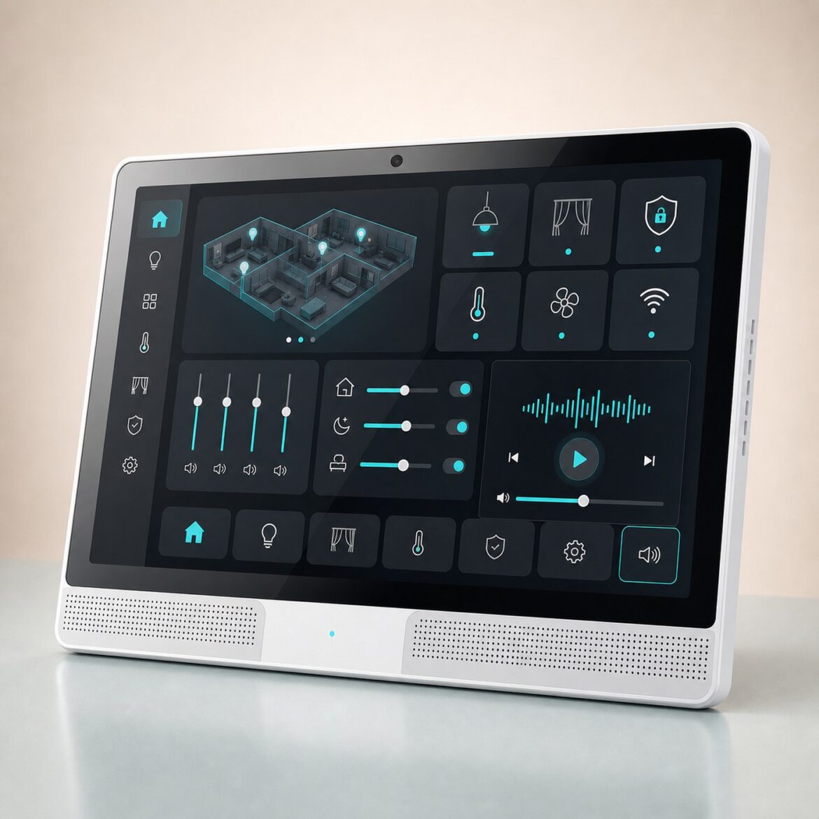 White touchscreen smart home control panel displaying room controls