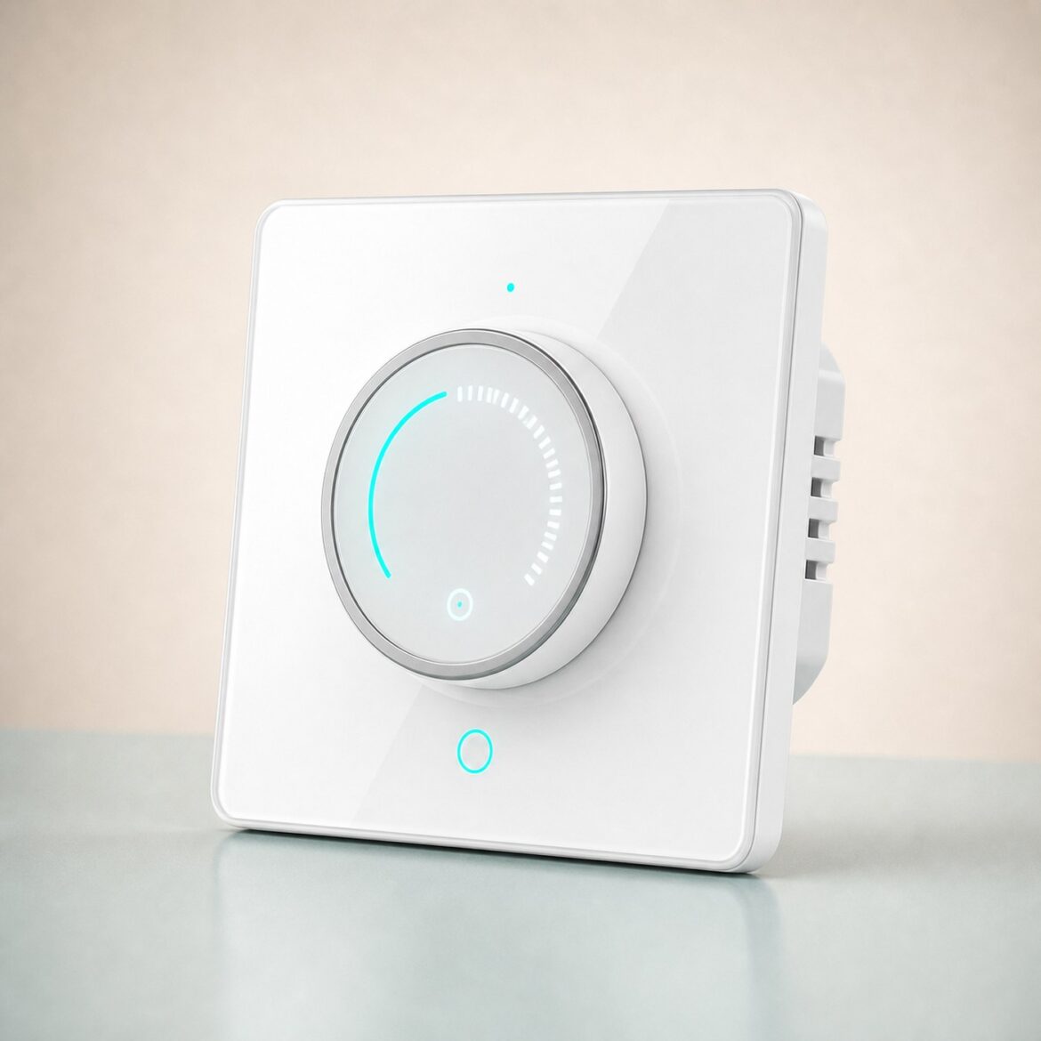 White wall-mounted smart thermostat with circular touch control